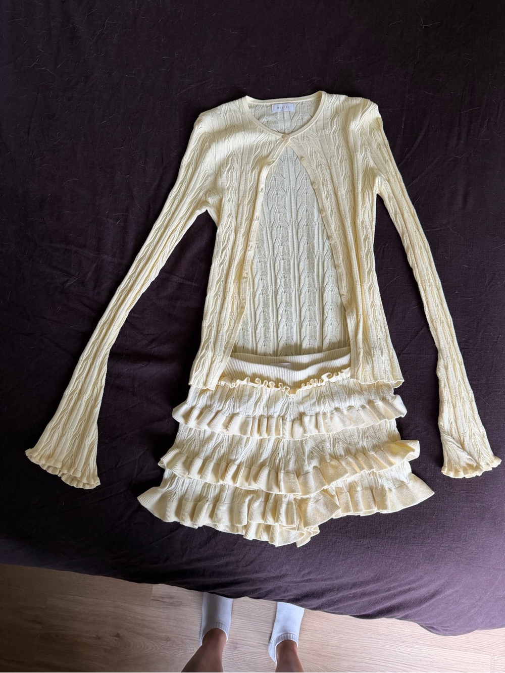 Meshki Cream Ruffled Cable Knit Sweater Set